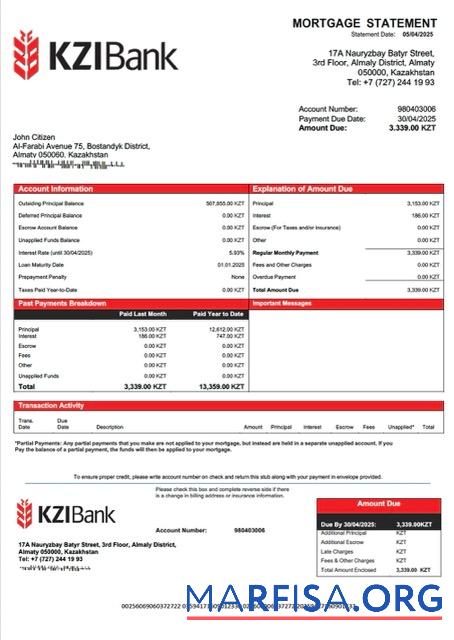 Realistic Kazakhstan KZI Bank mortgage statement Word and PDF template